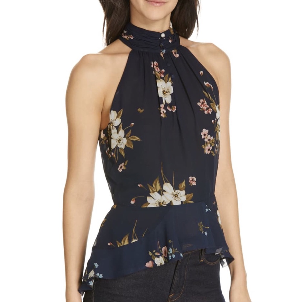 Joie Abbigayl Floral Silk Blouse Navy Top Sz 12 - Picture 1 of 7